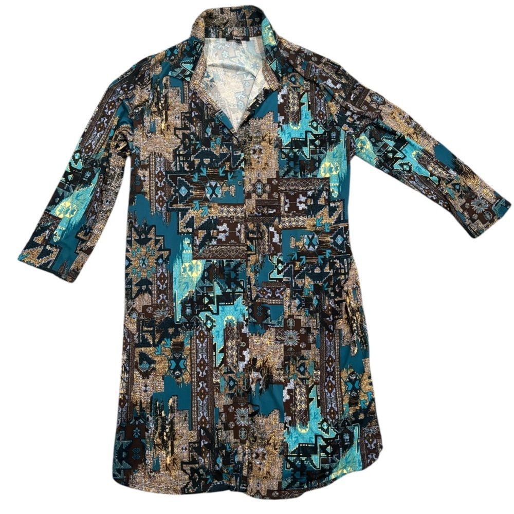 Plus Size Brown & Teal Polyester Midi Button Up Dress by Impulsive -size 2X
